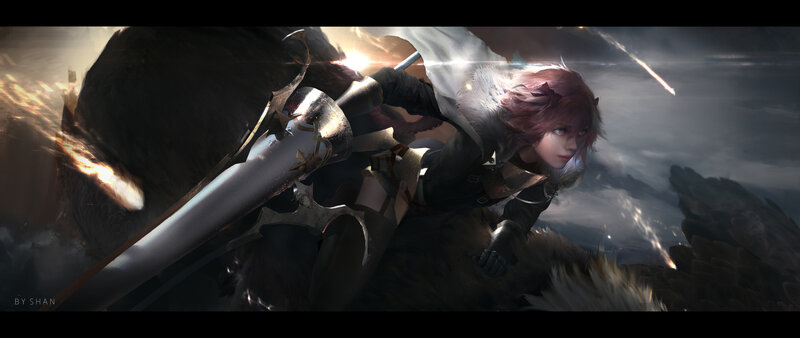 Pink-haired Warrior with Sword — Gray