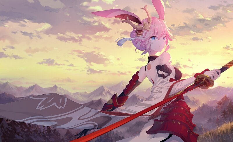 Pink-haired Warrior with Sword — Pink, Dramatic, Sunset