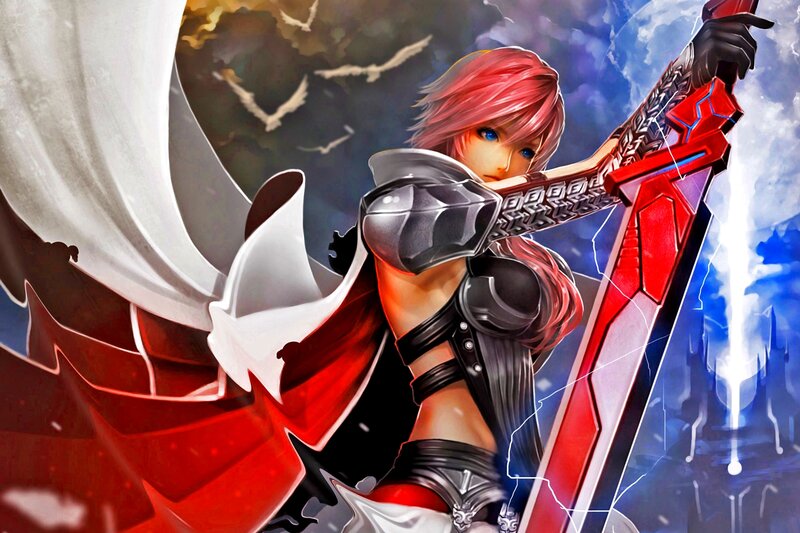Pink-haired Warrior with Sword — Red, Dramatic, Digital Art