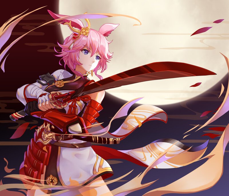 Pink-haired Warrior with Sword — Red, Dramatic, Night