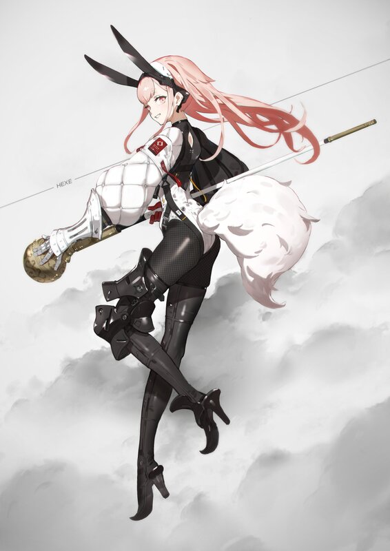 Pink-haired Warrior with Sword — White, Dramatic