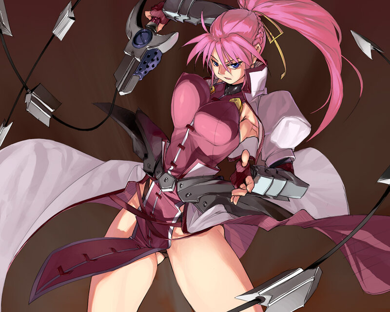 pink-haired warrior with weapons