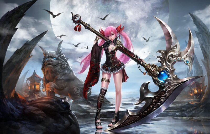 Pink-haired Warrior Woman — Pink, Dramatic, Night, Digital Art