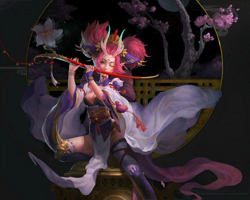 Pink-haired Warrior Woman — Purple, Dramatic, Night, Digital Art, Sakura Tree