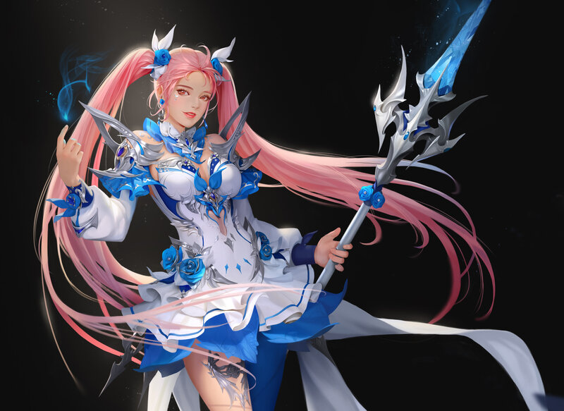 Pink-haired Warrior Woman — White, Dramatic, Digital Art