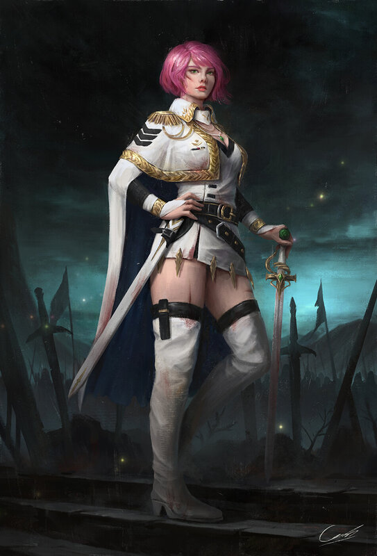 Pink-haired Warrior Woman — White, Dramatic