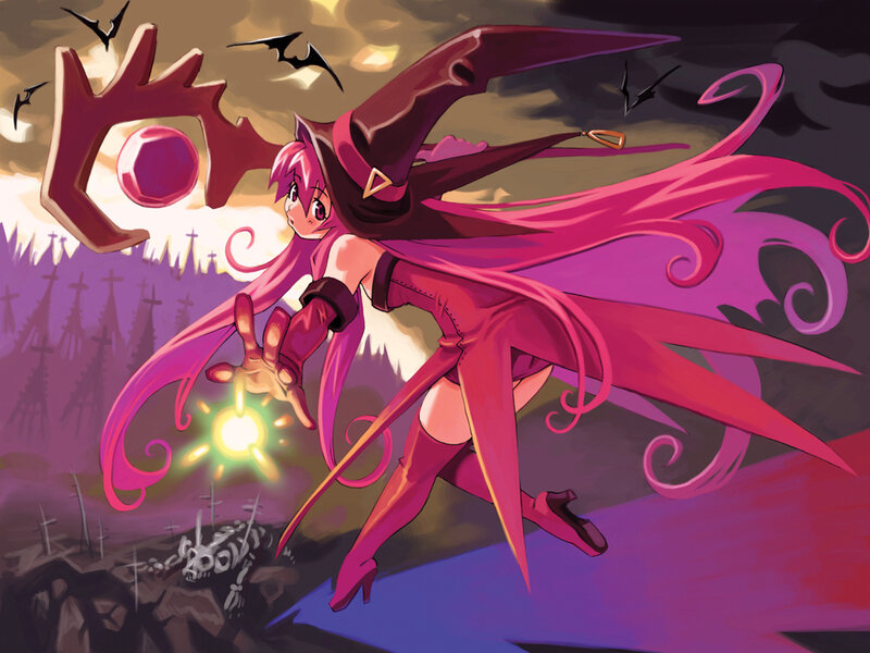 Pink-haired witch casting spell