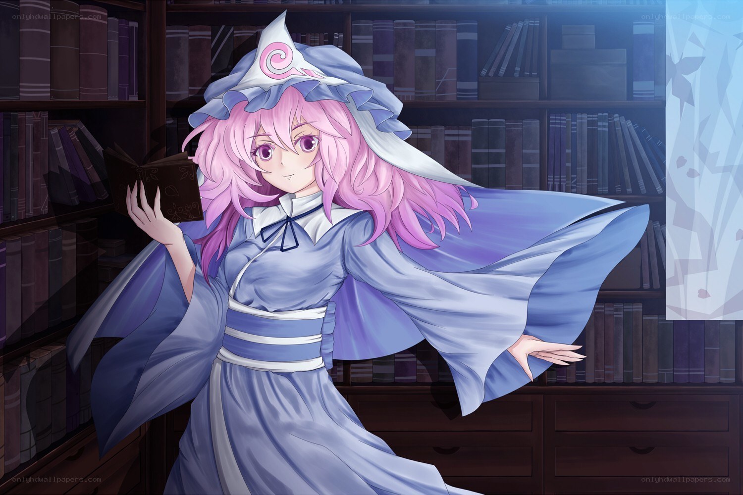 pink-haired witch in library