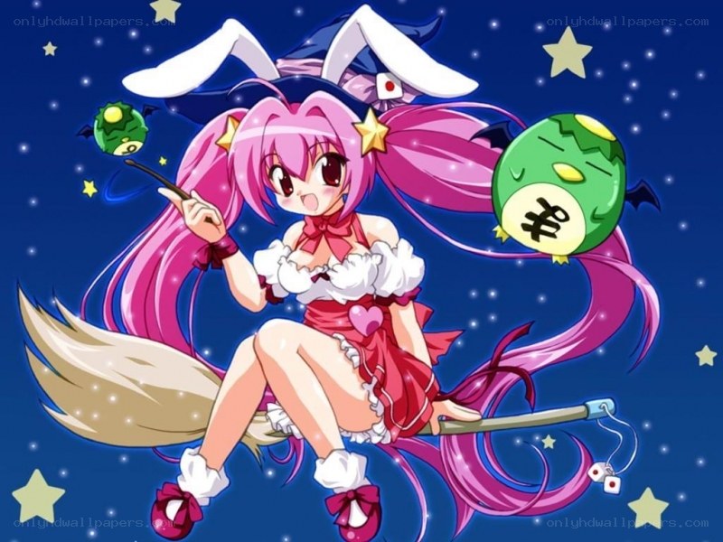 pink-haired witch on broomstick