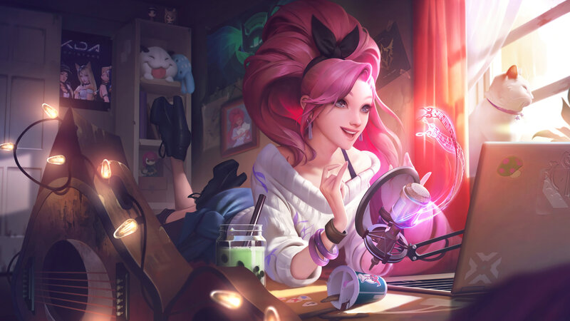 Pink-haired Woman at Desk