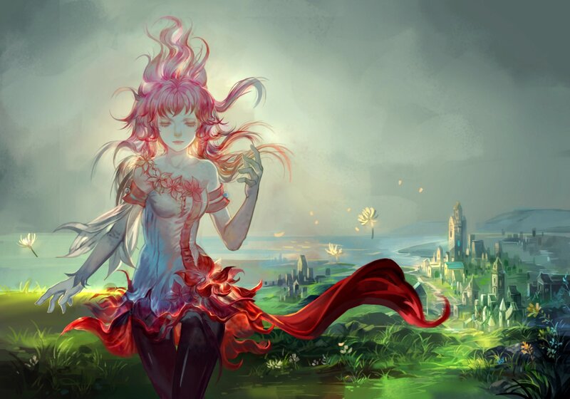 Pink-haired Woman in Field — Red