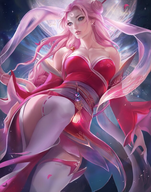 Pink-haired Woman in Red Dress — Pink, Dramatic, Night