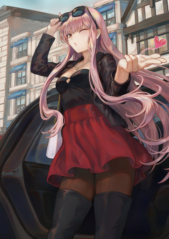 Pink-haired Woman in Red Skirt