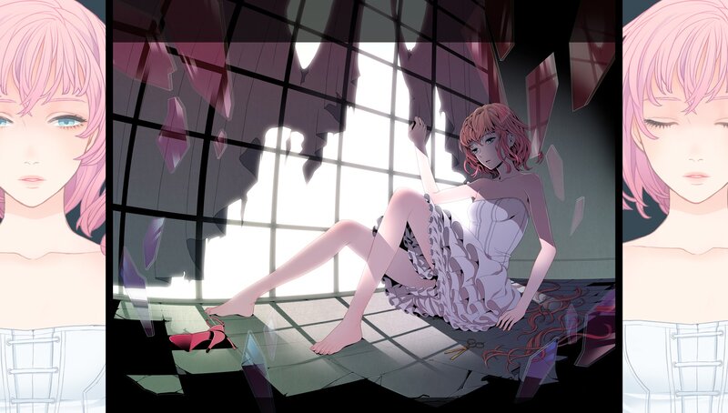 Pink-haired woman in shattered room