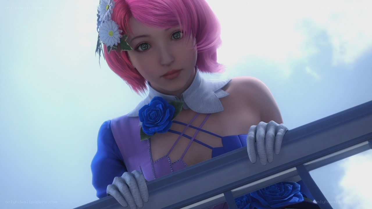 pink-haired woman on balcony