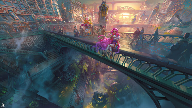 Pink-haired Woman on Bridge