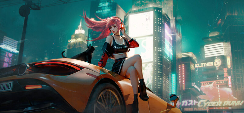 Pink-haired Woman on Car