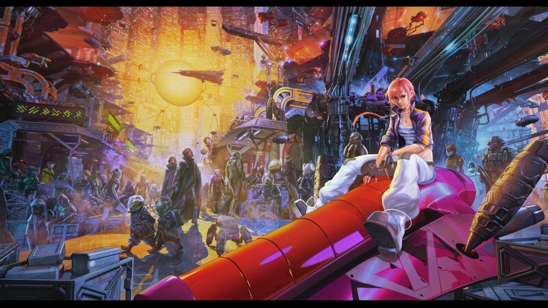 Pink-haired Woman on Mech