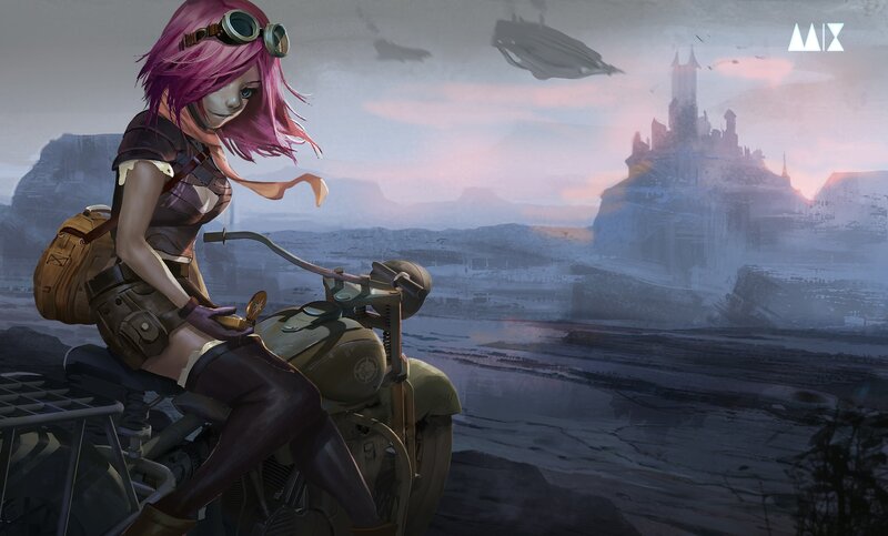 Pink-haired Woman on Motorcycle