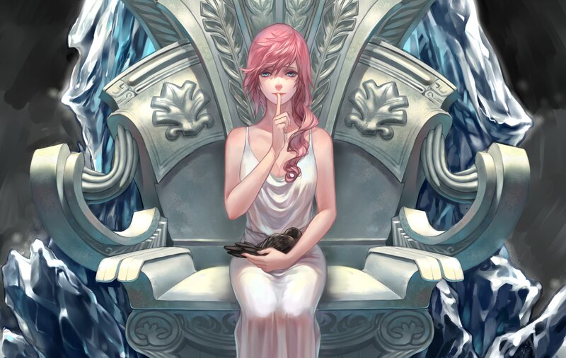 Pink-haired Woman on Throne — White, Dramatic