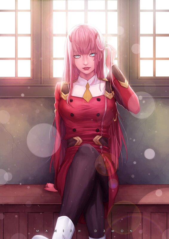 Pink-haired Woman Sitting — Red