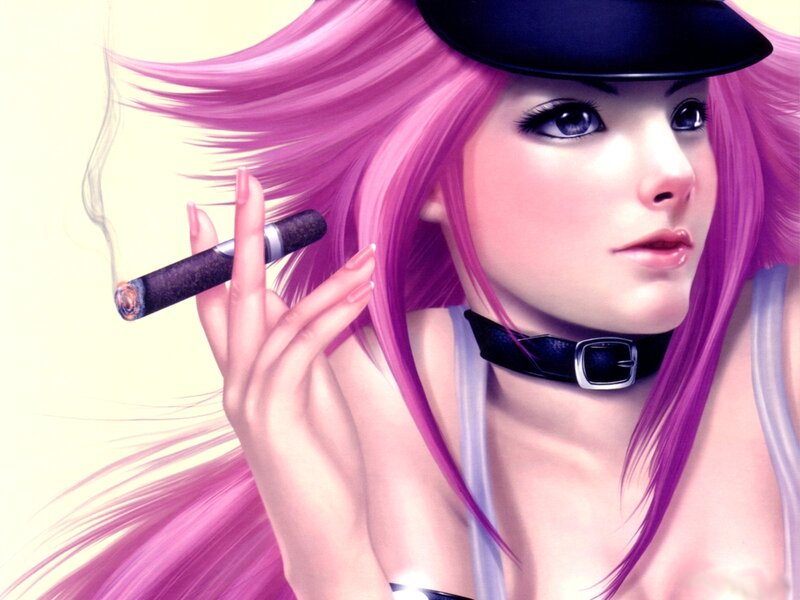 pink-haired woman smoking cigar