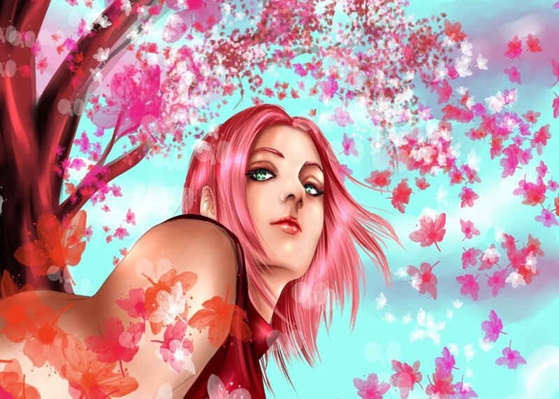 Pink-haired Woman under Blossoms — Pink