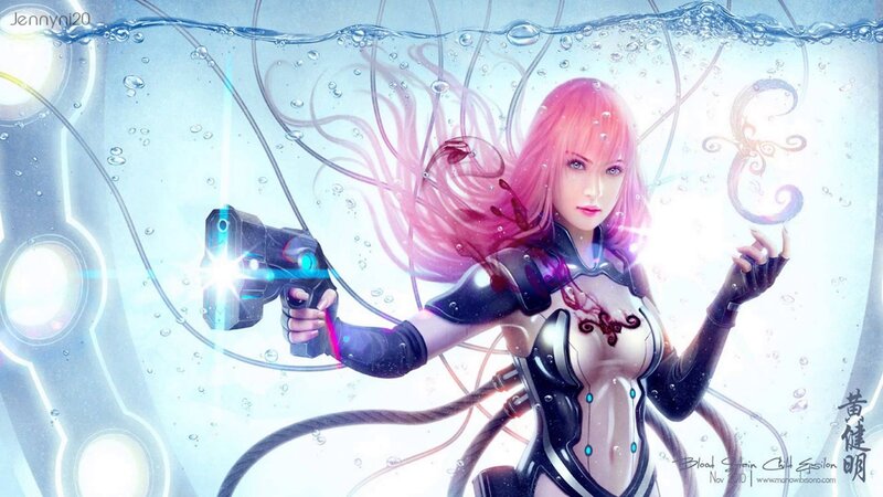 Pink-haired Woman Underwater — Blue