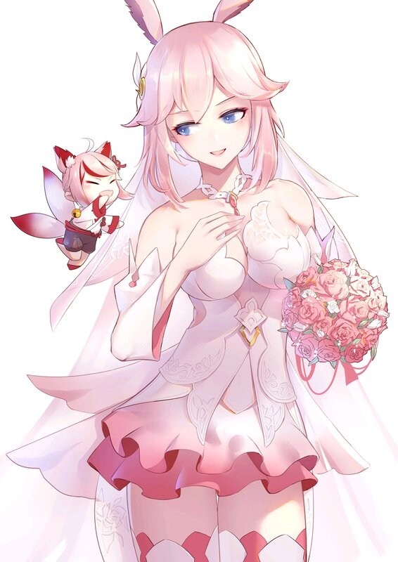 Pink-haired Woman with Bouquet