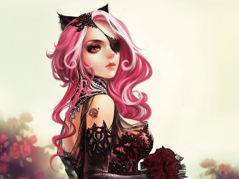 pink-haired woman with cat ears
