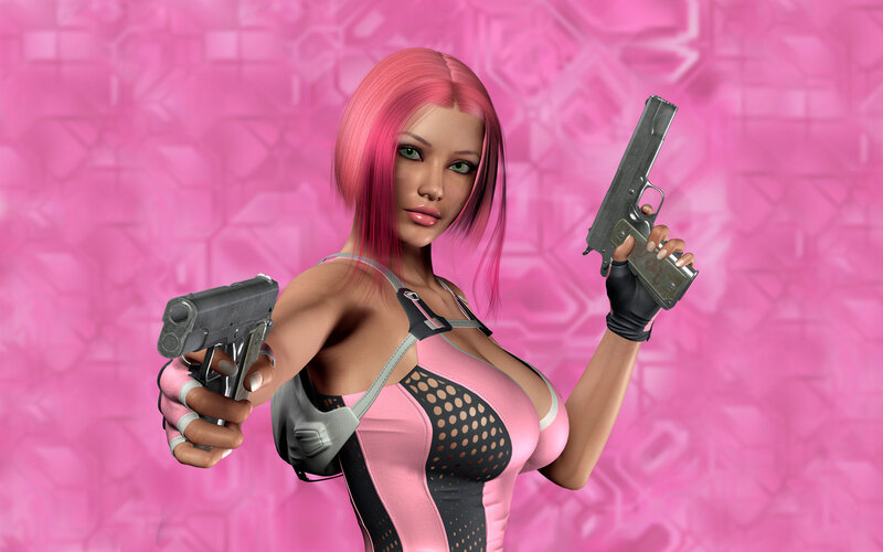 pink-haired woman with dual pistols