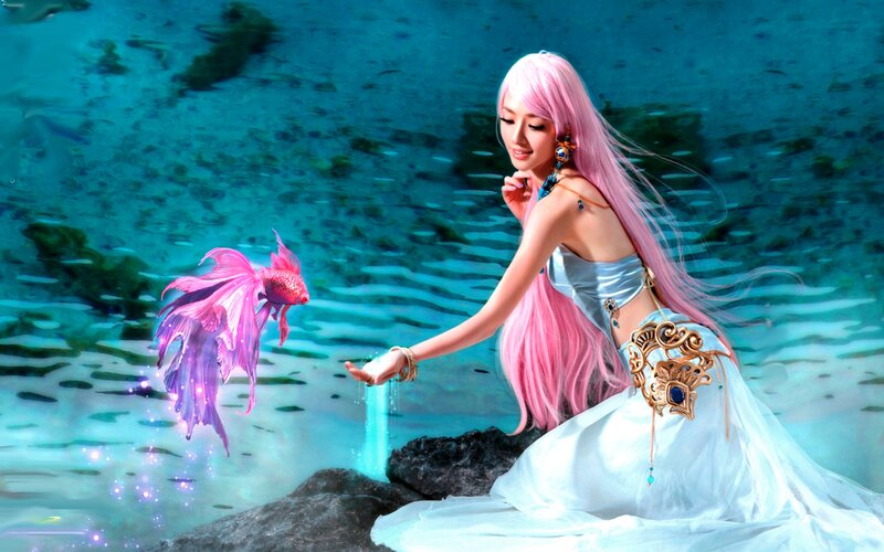 Pink-haired Woman with Fish — Blue