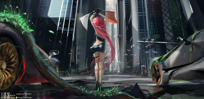 Pink-haired Woman with Flags