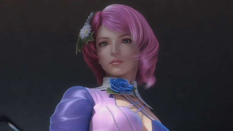 pink-haired woman with flowers