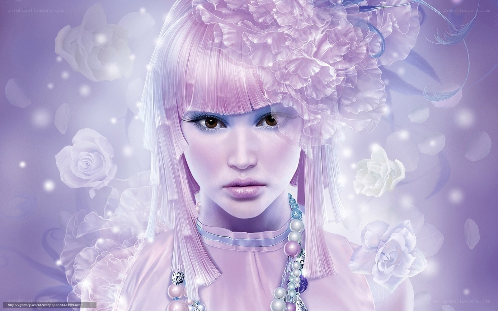 pink-haired woman with flowers