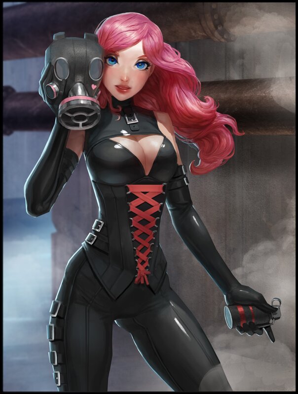 Pink-haired woman with gas mask