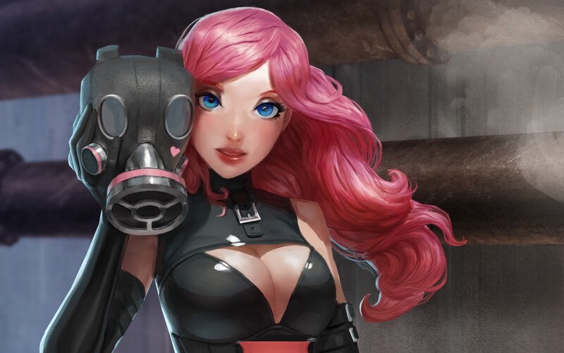 pink-haired woman with gas mask