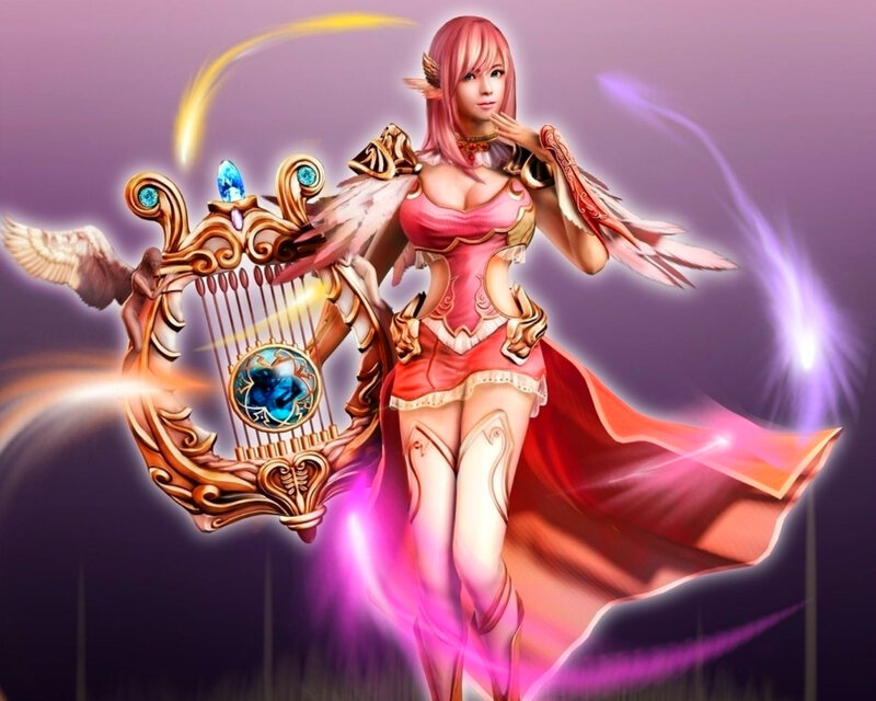 Pink-haired Woman with Harp