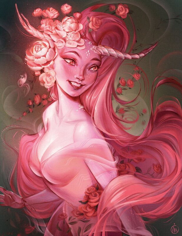 Pink-haired Woman with Roses