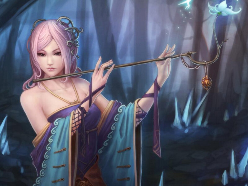 Pink-haired Woman with Staff — Purple