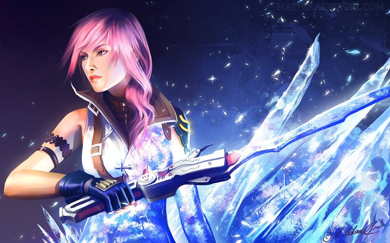 Pink-haired Woman with Sword — Blue, Dramatic, Night