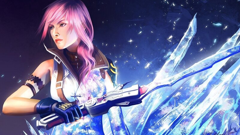 Pink-haired Woman with Sword — Blue, Dramatic