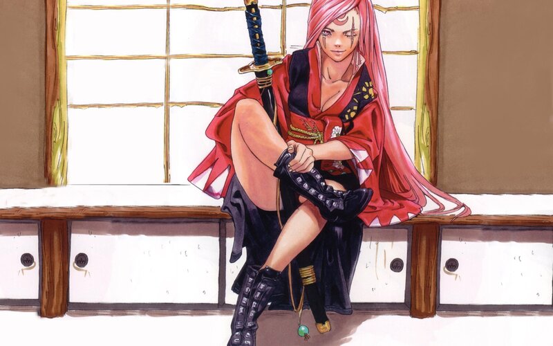Pink-haired Woman with Sword — Red, Calm
