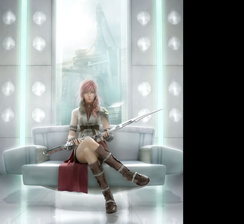 Pink-haired Woman with Sword — White