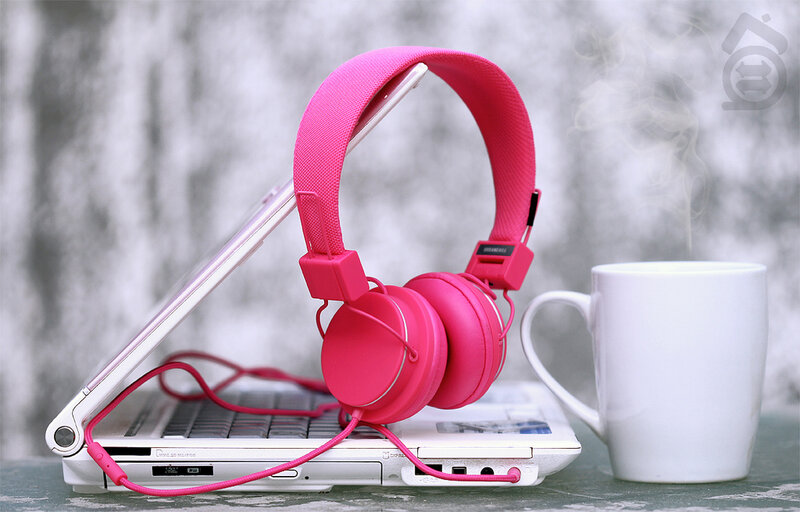 Pink Headphones on Laptop