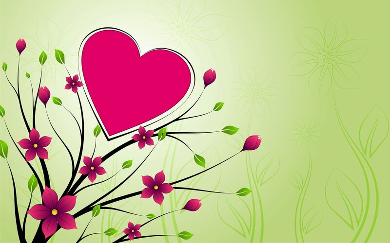 Pink Heart with Flowers — Green, Romantic, Vector Art