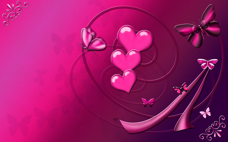 Pink Hearts and Butterflies — Romantic, Digital Art