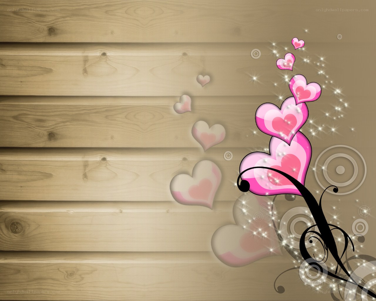 pink hearts on wood background