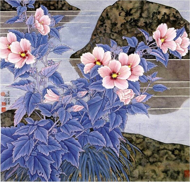 Pink Hibiscus Flowers — Blue