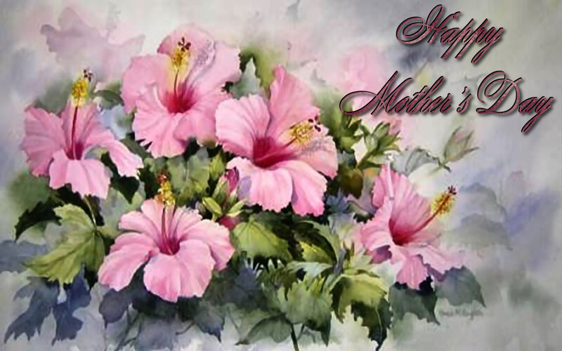 Pink Hibiscus Flowers — Serene, Painting, Green Leaves